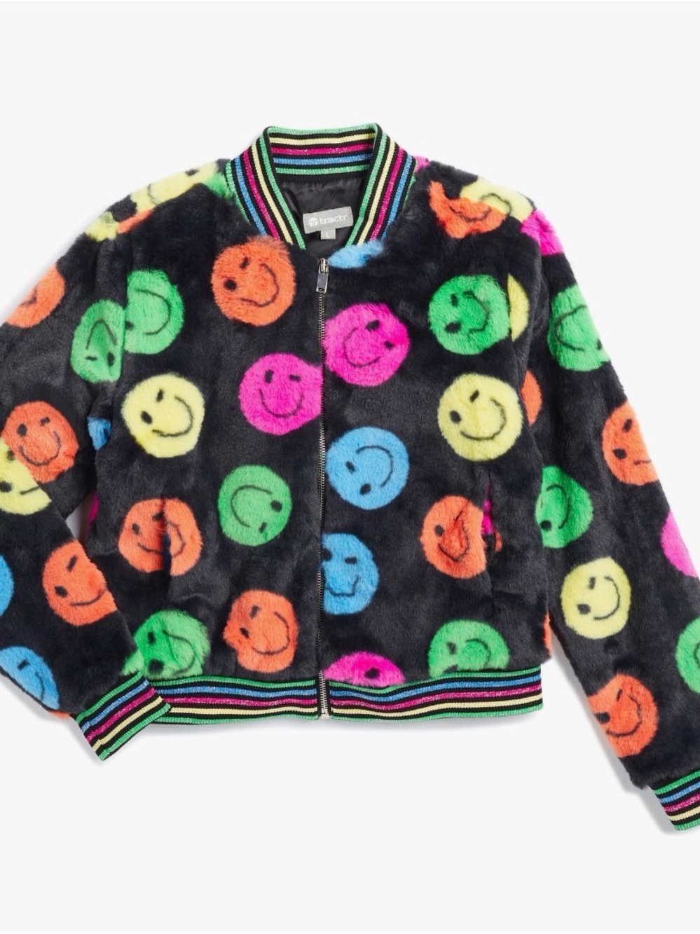 Tractr Black Faux Fur Bomber Jacket with Neon Smiley Faces